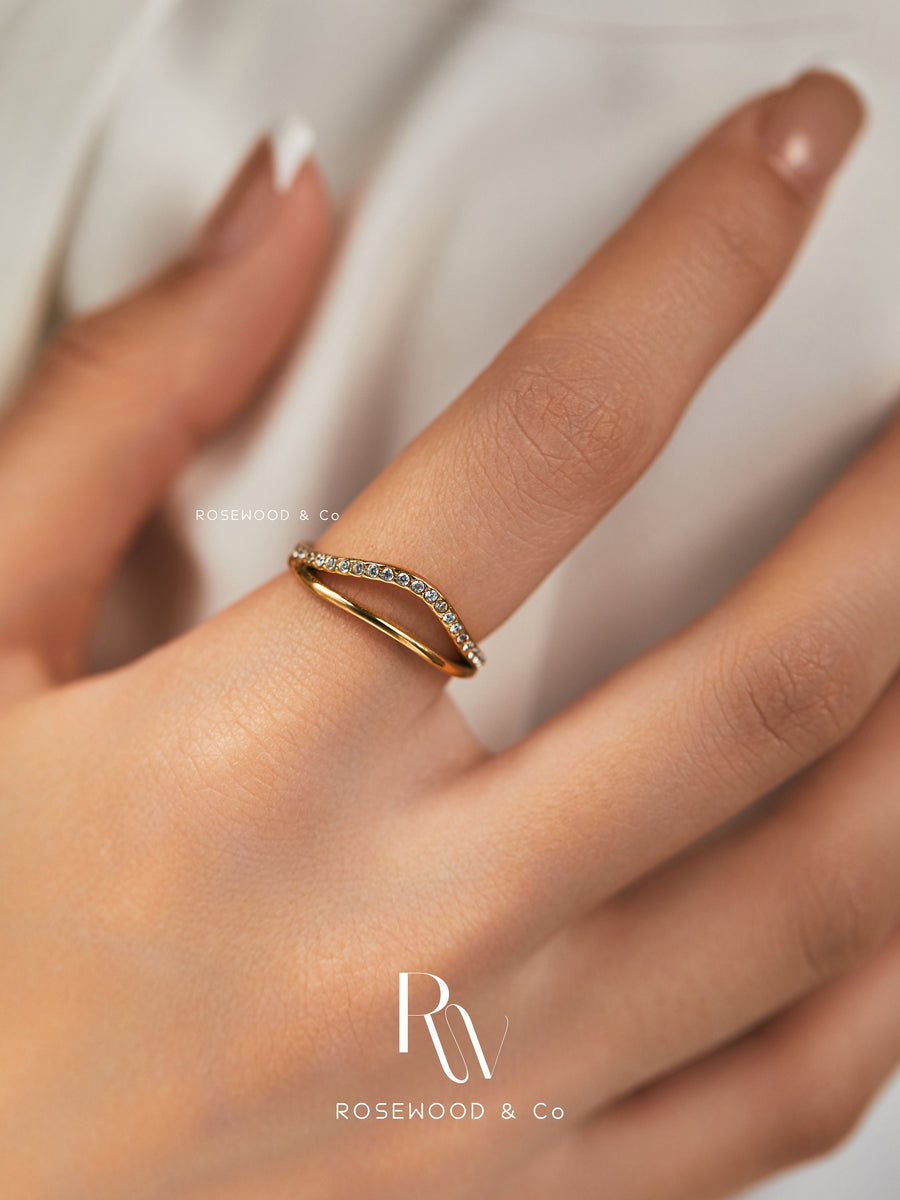 18k Gold Plated Wave Band Ring, Paved Double Band Ring, Sparkling Gold Ring, CZ Rhinestone Gold Ring, Gift for her, Gift for mom