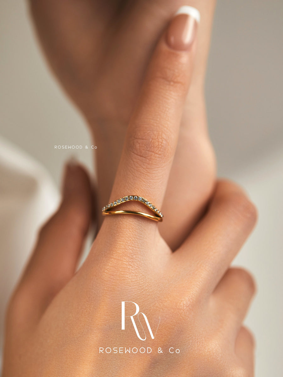 18k Gold Plated Wave Band Ring, Paved Double Band Ring, Sparkling Gold Ring, CZ Rhinestone Gold Ring, Gift for her, Gift for mom