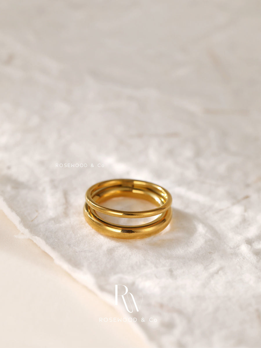 Non Tarnish Gold Band Ring, 18K Gold Plated Double Band Ring, Waterproof Gold Band Ring, Unisex Gold Chain Ring, Gift for her
