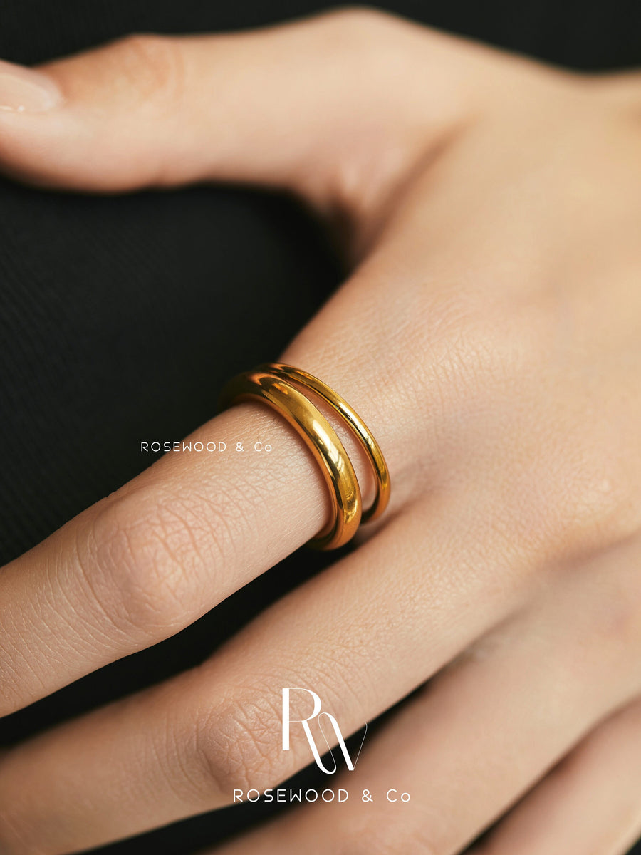 Non Tarnish Gold Band Ring, 18K Gold Plated Double Band Ring, Waterproof Gold Band Ring, Unisex Gold Chain Ring, Gift for her