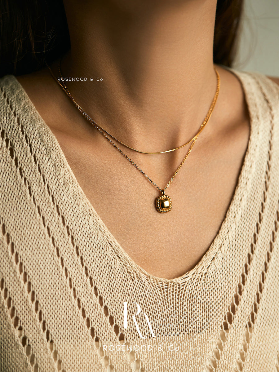 Non Tarnish Gold Square Pendant, Delicate Croissaint Pendant Necklace, Textured Geometric Necklace, Layered Necklace, Gift for her