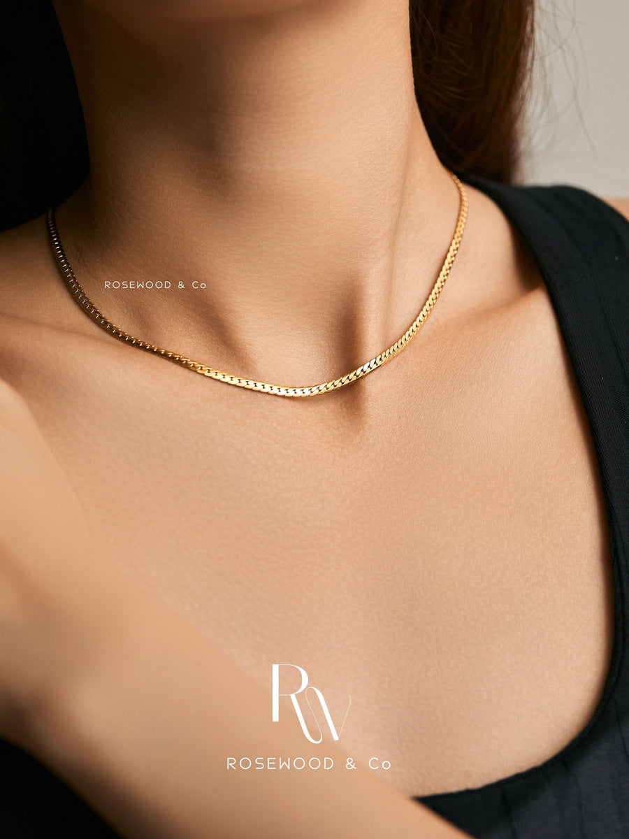 2mm Gold Twisted Herringbone Choker, Gold Plated Chain Choker, Dainty Chain Necklace, Waterproof Necklace