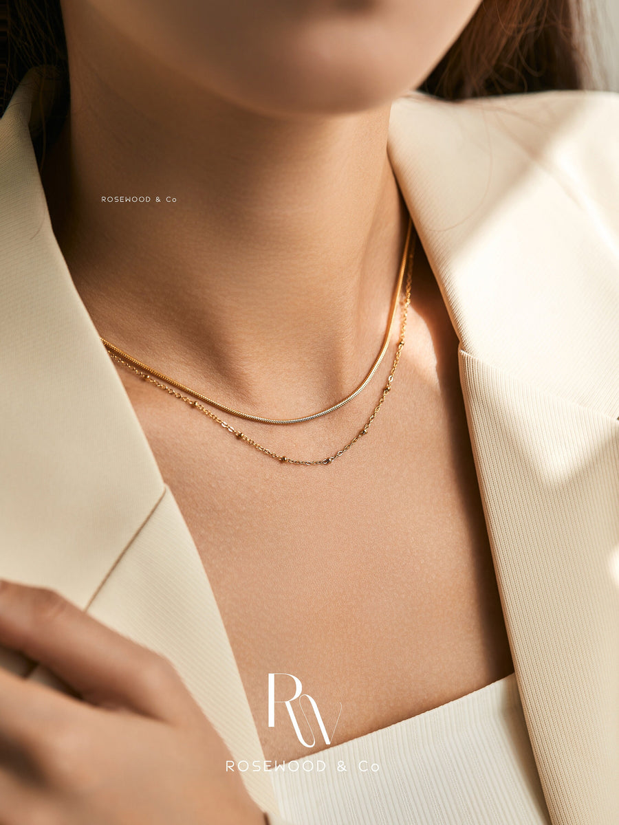 Gold Plated Double Layer Satellite Necklace, Non Tarnish Herringbone Necklace; Rope Chain Necklace, Non-Tarnish Waterproof Gift